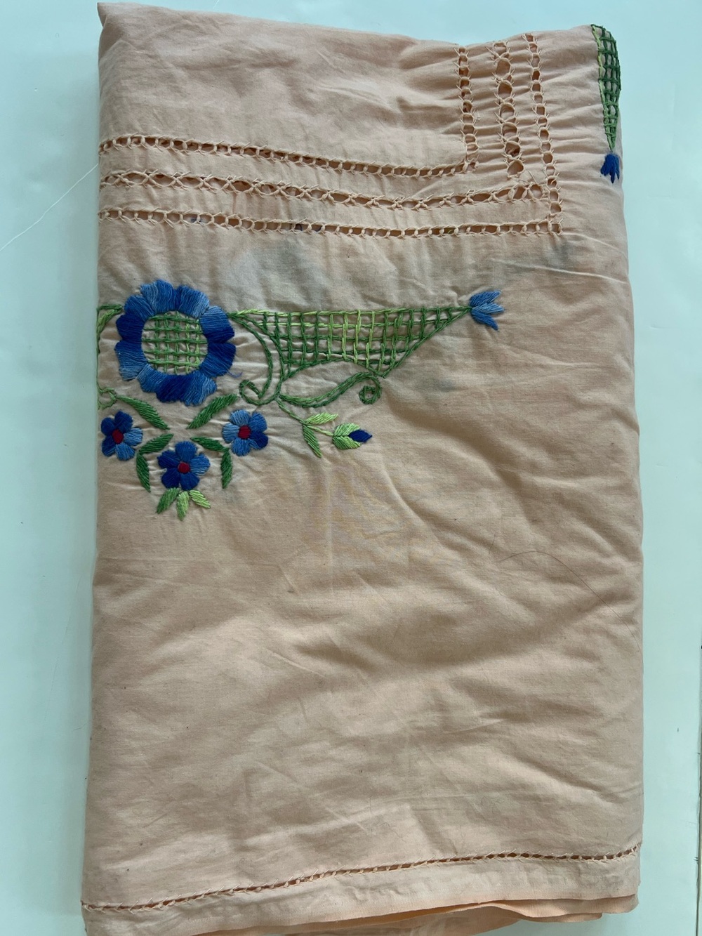 Embroidered Peach Sheet Floral Motif Cottage core  Table cloth cotton Victorian